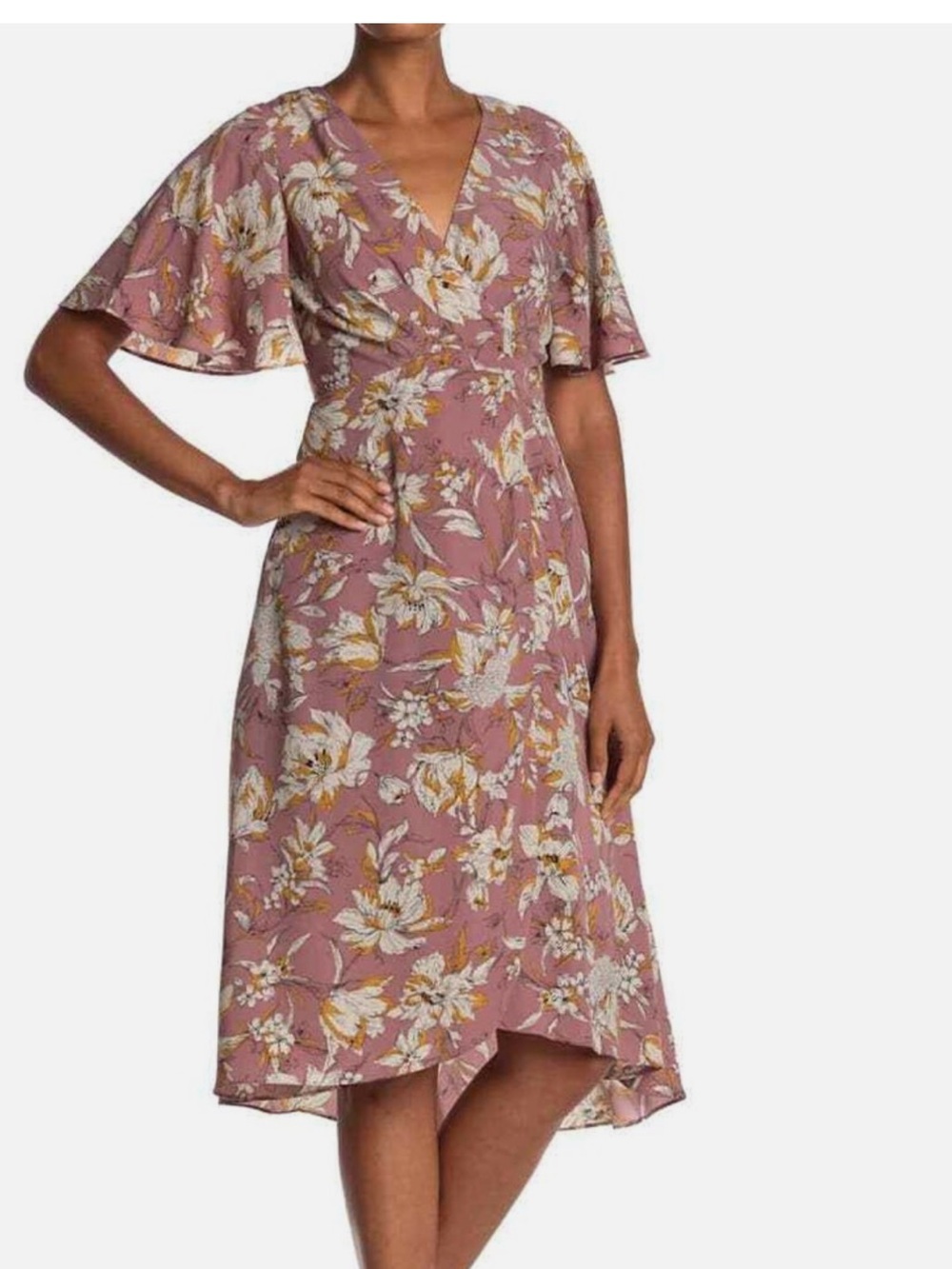 Astr Mauve Floral Wrap Dress with Flutter Sleeves